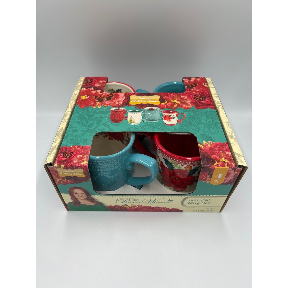 The Pioneer Woman Holiday Medley 4 Piece Mug Set 14oz Stoneware Christmas Floral